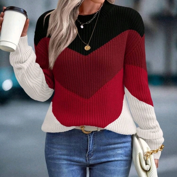 Women Casual Contrast Color Round Neck Drop Shoulder Long Sleeve - Picture 1 of 5